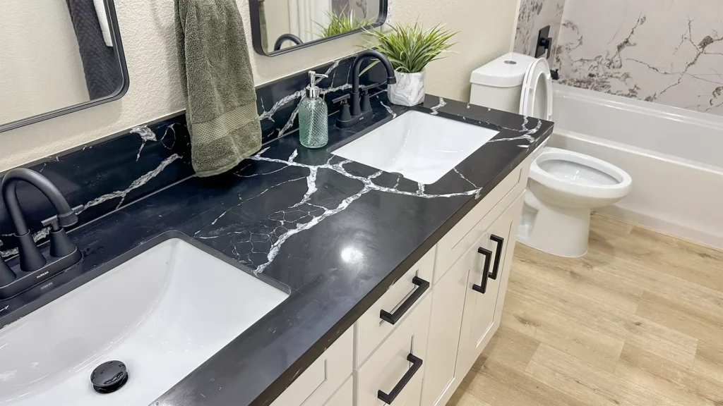 Bathroom remodel featuring proper slope drainage and vapor barriers to prevent moisture intrusion in Sacramento, CA by Tenax Construction