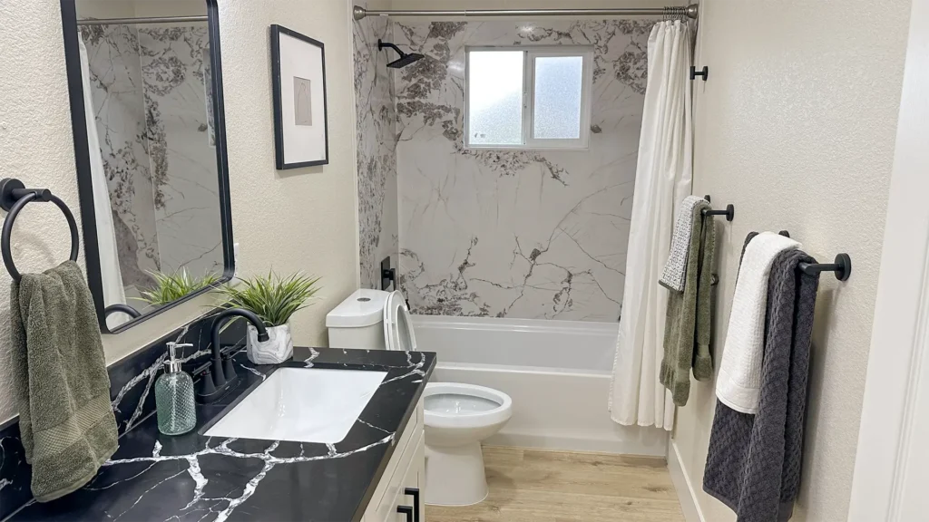 Bathroom remodel featuring professional-grade waterproofing applied in showers and other wet zones in Sacramento, CA by Tenax Construction