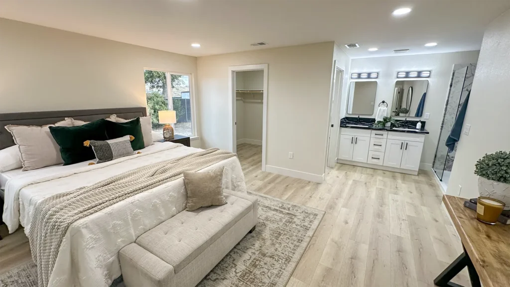 Bathroom remodel featuring new lighting ventilation fans and modern dimmer switches for safety and performance in Sacramento, CA by Tenax Construction