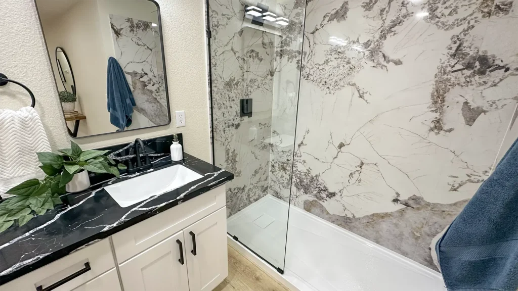 Bathroom remodel featuring complete demolition and safe removal of existing tub shower toilet and vanity in Sacramento, CA by Tenax Construction