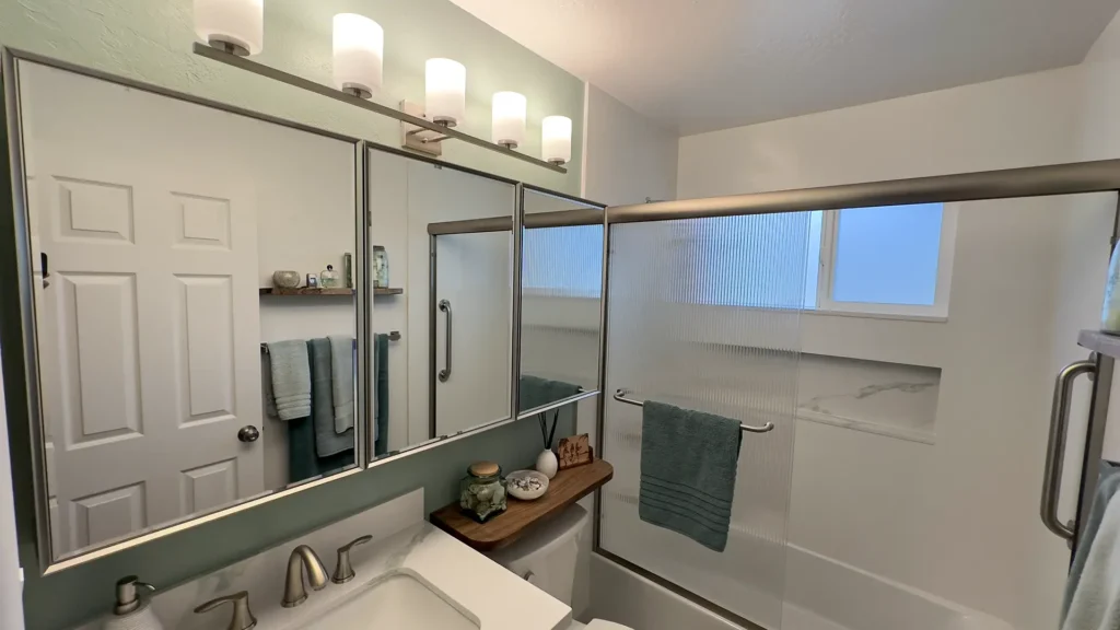 Elegant bathroom remodel featuring new drywall installation textured finishes and premium paint selected by homeowner in Fair Oaks, CA by Tenax Construction