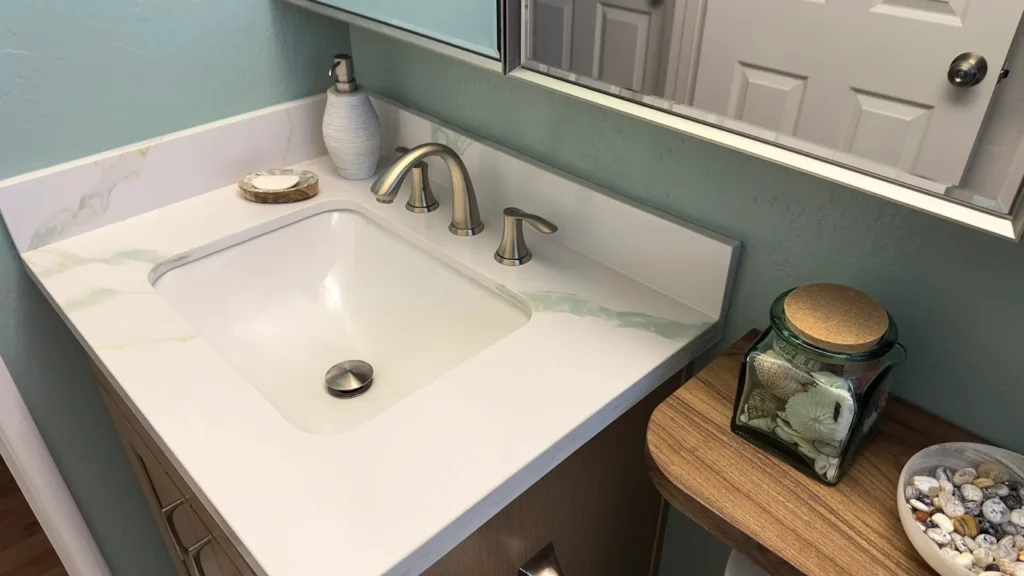 Elegant bathroom remodel featuring stock glass sliding shower door for clean spa-like aesthetic in Fair Oaks, CA by Tenax Construction
