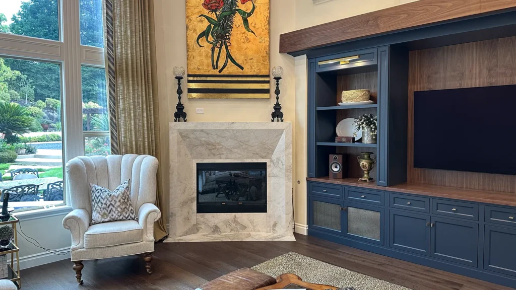 Elegant kitchen remodel featuring built-in microwave drawer and garbage pull-out on kitchen island in Granite Bay, CA by Tenax Construction