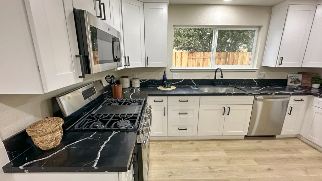 Kitchen remodel featuring new trim and baseboards installed for a clean finished appearance in Sacramento, CA by Tenax Construction