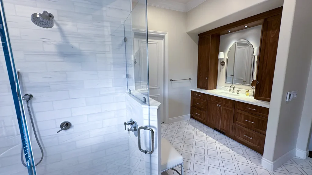 Luxury bathroom remodel featuring repaired bathroom soffit for consistent ceiling height throughout wet room in Granite Bay, CA by Tenax Construction