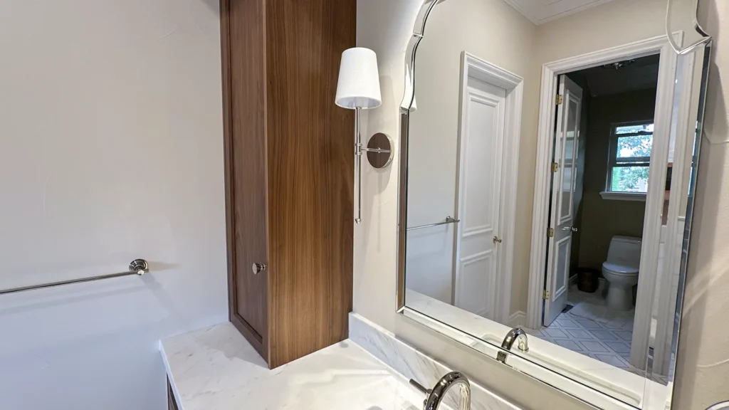 Luxury bathroom remodel featuring full demolition and reconstruction of dated bathroom layout in Granite Bay, CA by Tenax Construction