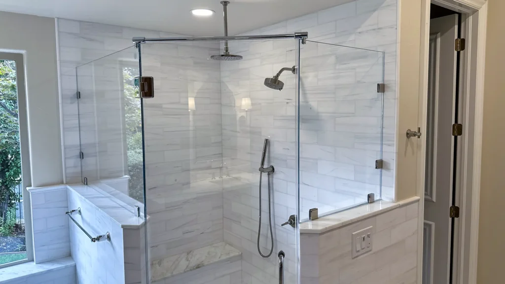 Luxury bathroom remodel featuring completed wet room with freestanding tub vanity and glass shower in Granite Bay, CA by Tenax Construction