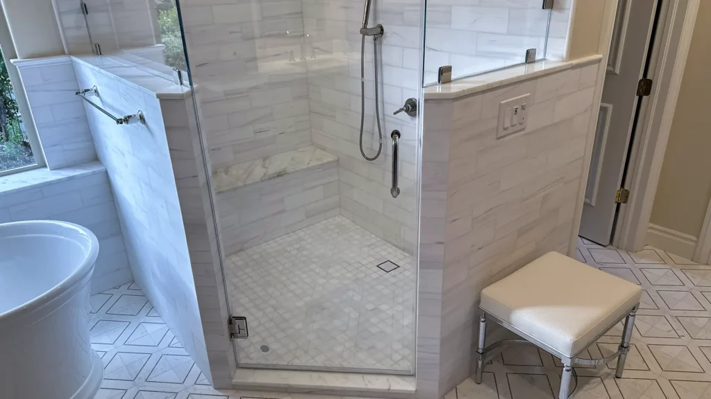 Luxury bathroom remodel featuring overall spa-inspired bathroom transformation with natural tones in Granite Bay, CA by Tenax Construction