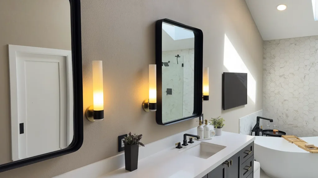 Luxury primary bathroom remodel featuring new drywall installation patching and texturing throughout bathroom in Gold River, CA by Tenax Construction