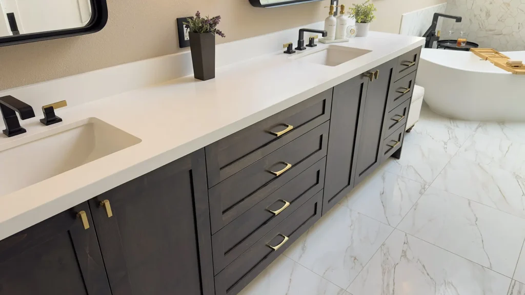 Luxury primary bathroom remodel featuring demolition of divider walls and soffits for open modern layout in Gold River, CA by Tenax Construction