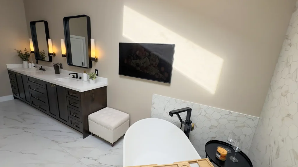 Luxury primary bathroom remodel featuring dedicated thermostat for heated flooring system in Gold River, CA by Tenax Construction