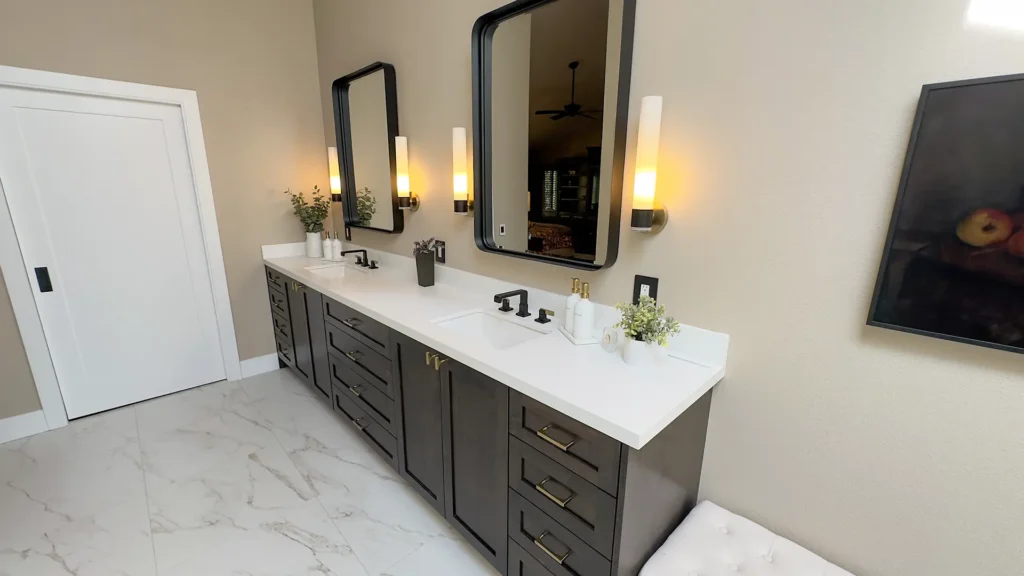 Luxury primary bathroom remodel featuring complete master suite transformation including adjoining bedroom updates in Gold River, CA by Tenax Construction