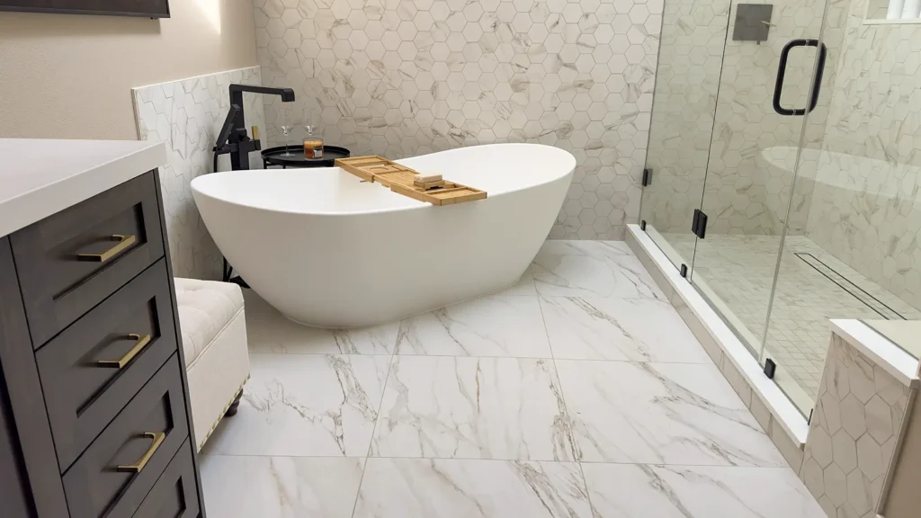Luxury primary bathroom remodel featuring permit-ready plans with detailed plumbing electrical and tile layouts in Gold River, CA by Tenax Construction