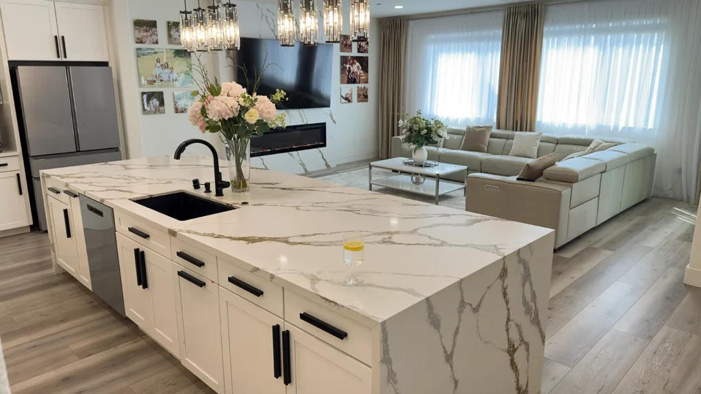 Modern luxury kitchen remodel featuring high-end stainless steel refrigerator and integrated appliances in Roseville, CA by Tenax Construction