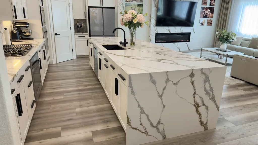 Modern luxury kitchen remodel featuring seamless transition from traditional kitchen to modern chef's space in Roseville, CA by Tenax Construction