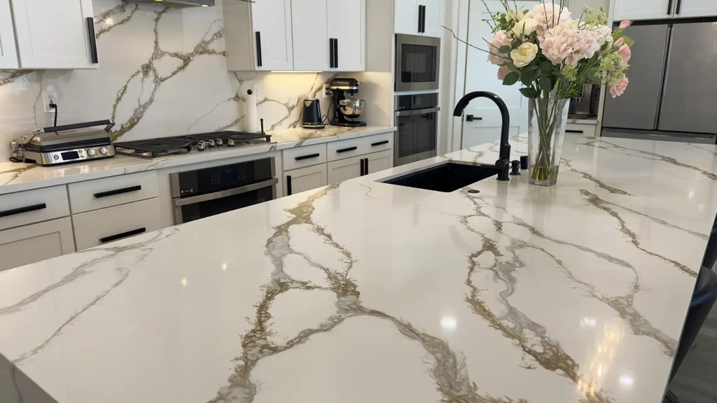 Modern luxury kitchen remodel featuring full kitchen view with island waterfall countertop and pendant lighting in Roseville, CA by Tenax Construction