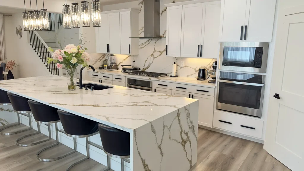 Modern luxury kitchen remodel featuring white shaker cabinet perimeter with matte black hardware detail in Roseville, CA by Tenax Construction
