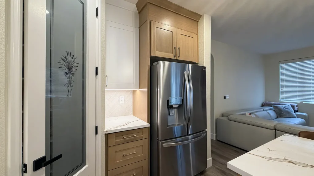 Full kitchen remodel featuring undermount kitchen sink with clean modern countertop transition in Elk Grove, CA by Tenax Construction