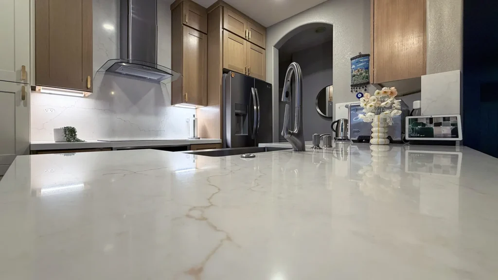 Modern kitchen remodel featuring 190 square feet of new tile flooring with cutting setting and accurate spacing in Antelope, CA by Tenax Construction