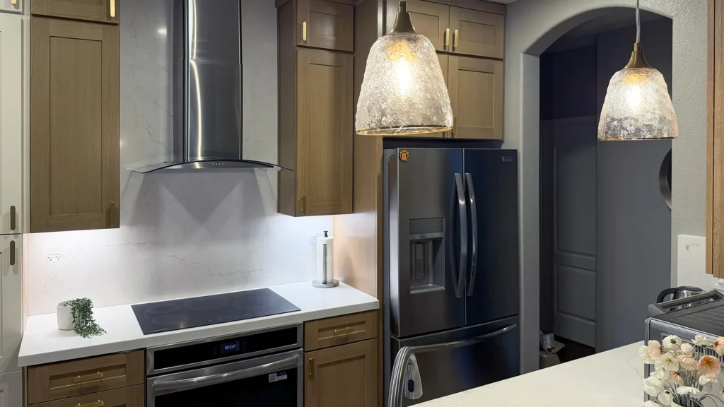 Modern kitchen remodel featuring quartz countertops with standard eased edge on perimeter and island in Antelope, CA by Tenax Construction