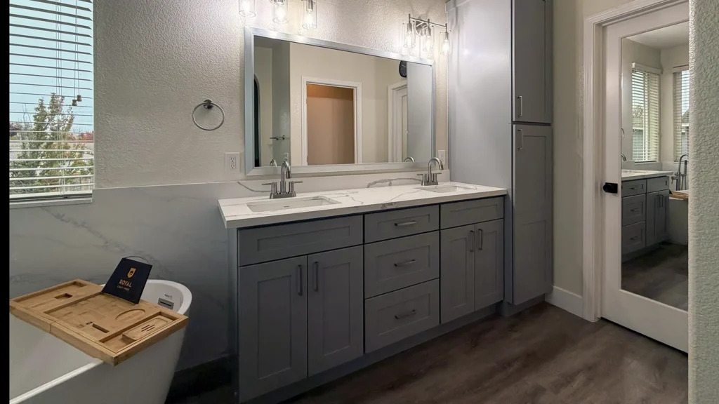 Spa-like master bathroom remodel featuring full demolition of existing tub shower and vanity for complete transformation in Elk Grove, CA by Tenax Construction
