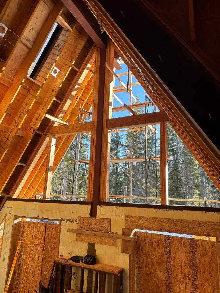 ICF mountain home construction featuring R42 spray foam insulation in vaulted ceilings in Soda Springs, CA by Tenax Construction