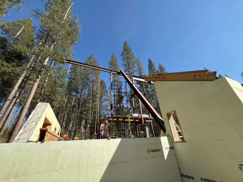 ICF mountain home construction featuring stacked and reinforced Nudura ICF forms before concrete pour in Soda Springs, CA by Tenax Construction