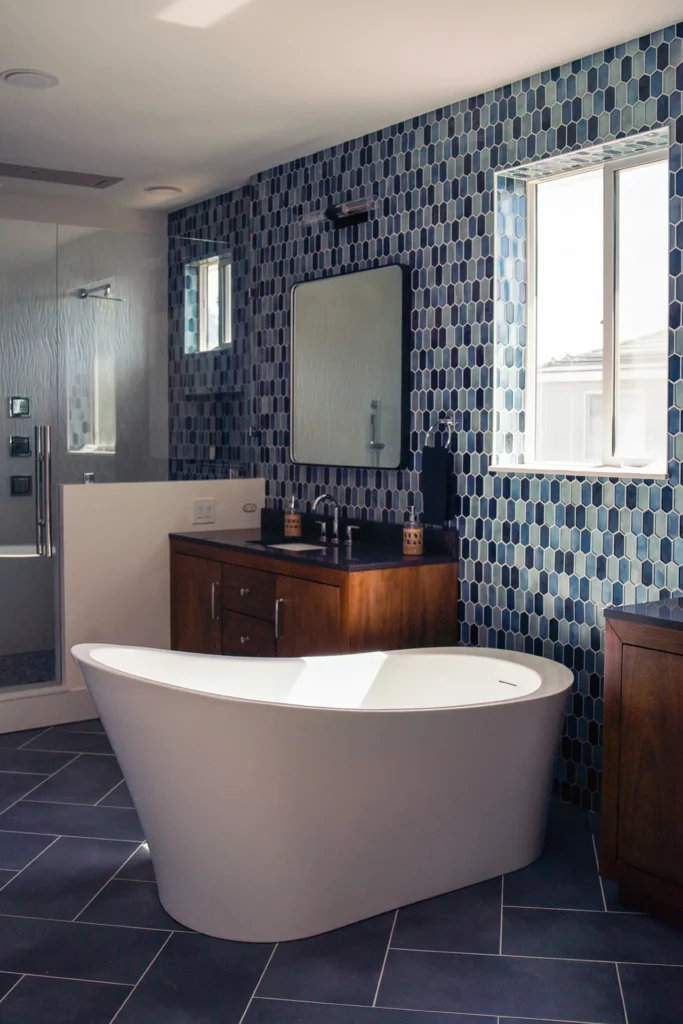 Full bathroom remodel featuring guest bathroom shower with Hardie backer and RedGard waterproofing membrane in Sacramento, CA by Tenax Construction