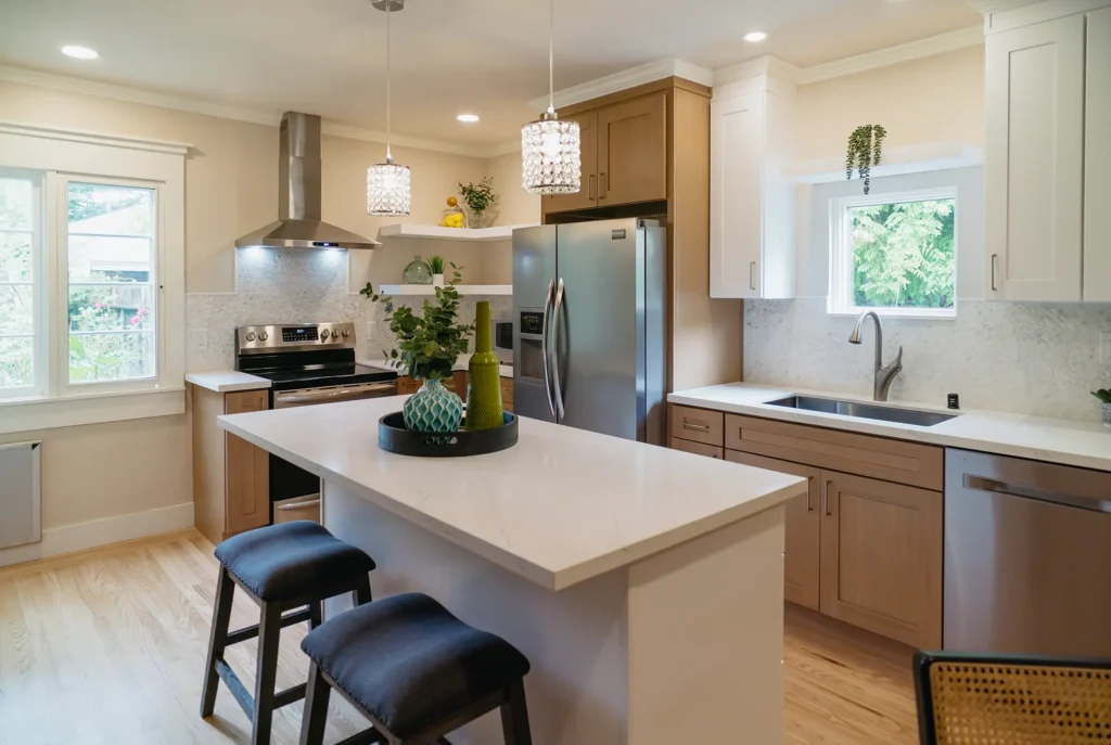 Complete kitchen remodel featuring polished nickel drawer pulls and cabinet hardware in Sacramento, CA by Tenax Construction